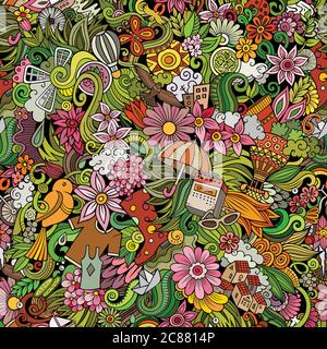 Cartoon cute doodles hand drawn Spring seamless pattern. Stock Vector