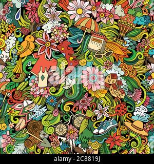 Cartoon cute doodles hand drawn Spring seamless pattern. Stock Vector