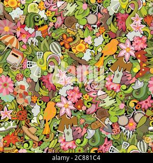 Cartoon cute doodles hand drawn Spring seamless pattern. Stock Vector