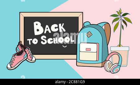 Back to school lettering vector illustration. Backpack, chalkboard, sneakers and headphones vector isolated set. Stock Vector
