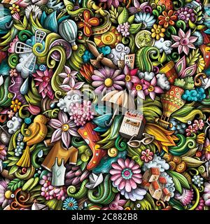 Cartoon cute doodles hand drawn Spring seamless pattern. Stock Vector