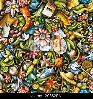 Cartoon cute doodles hand drawn Spring seamless pattern. Stock Vector