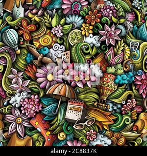 Cartoon cute doodles hand drawn Spring seamless pattern. Stock Vector