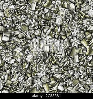 Cartoon cute doodles hand drawn Spring seamless pattern. Stock Vector