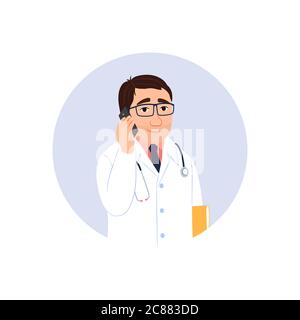 Mobile phone medical consultation circle icon. Telemedicine concept. Male Caucasian doctor prescribes treatment. Therapist using smartphone to call pa Stock Vector