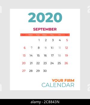 2020 september calendar vector template. Abstract empty isolated set 2020 calendar. Screen desktop months 2020 agenda Stock Vector