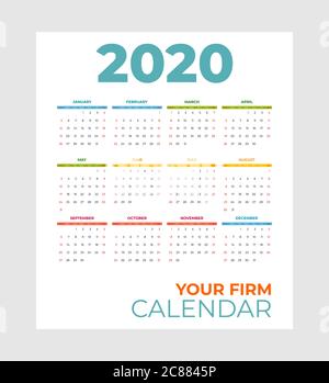 2020 rainbow pocket calendar vector template. Abstract empty isolated set 2020 calendar. Screen, desktop months 2020 Stock Vector