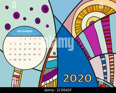 2020 December calendar abstract contemporary art vector. Desk, screen, desktop month 12, 2020, colorful 2020 calendar Stock Vector