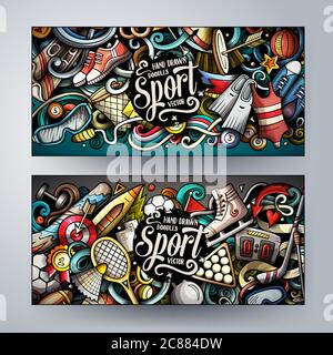 Sports hand drawn doodle banners set. Cartoon detailed flyers. Stock Vector