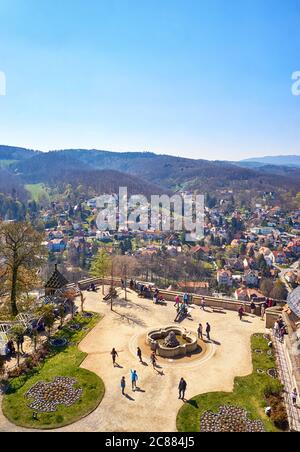 View of the castle courtyard with tourists in Wernigerode with the old town in the background. Germany Stock Photo