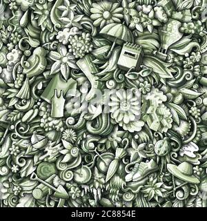 Cartoon cute doodles hand drawn Spring seamless pattern. Stock Vector