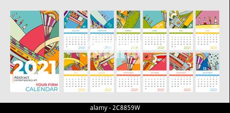 2021 calendar abstract contemporary art vector set. Desk, screen, desktop months 2021, colorful 2021 calendar template Stock Vector
