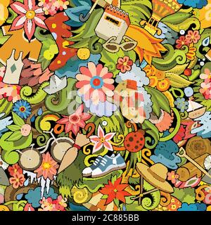 Cartoon cute doodles hand drawn Spring seamless pattern. Stock Vector