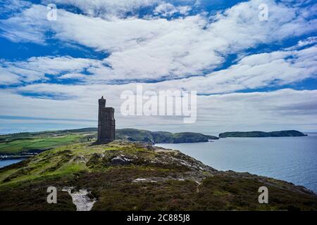 Milner’s Tower on top of Bradda Head overlooking Port Erin and the Irish Sea Stock Photo