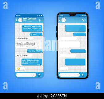 UI UX Phone chat bot blue interface. Text message mobile phone. Text messaging bubles in mobile application on a smartphone, vector Stock Vector