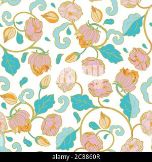Vector royal baroque intarsia style pastel floral pattern, seamless design with hand drawn vintage florals on white background. Nature background. Surface pattern design. Stock Vector
