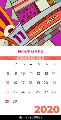 2020 November calendar abstract contemporary art vector. Desk, screen, desktop month 11, 2020, colorful Stock Vector