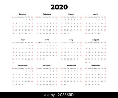 2020 calendar vector template. Abstract empty isolated set 2020 calendar. Screen, desktop months 2020 black and white Stock Vector