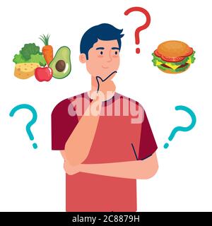 man choosing between healthy and unhealthy food, fast food vs balanced menu Stock Vector