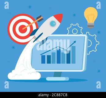 business start up concept, banner, business object startup process, rocket with computer and business icons Stock Vector