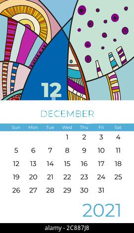 2021 December calendar abstract contemporary art vector. Desk, screen, desktop month 12, 2021, colorful 2021 calendar Stock Vector