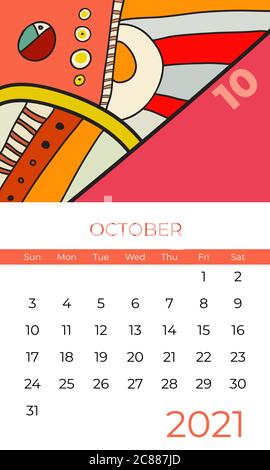 2021 October calendar abstract contemporary art vector. Desk, screen, desktop month 10, 2021, colorful 2021 calendar Stock Vector