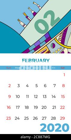 2020 february calendar abstract contemporary art vector. Desk, screen, desktop month 02,2020 colorful Stock Vector