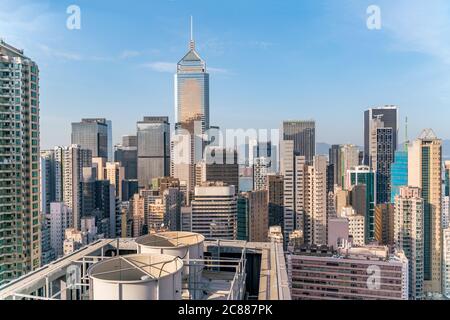 The amazing view of Hong-Kong cityscape full of skyscrapers from the rooftop. Stock Photo