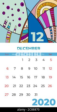 2020 December calendar abstract contemporary art vector. Desk, screen, desktop month 12, 2020, colorful Stock Vector
