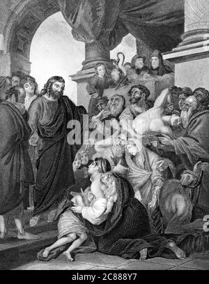 An engraved vintage New Testament Bible illustration image of Jesus Christ healing the sick in the Temple, from a Victorian Bible dated 1852 that is n Stock Photo