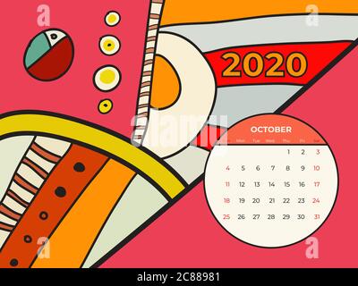 2020 October calendar abstract contemporary art vector. Desk, screen, desktop month 10, 2020, colorful 2020 calendar Stock Vector