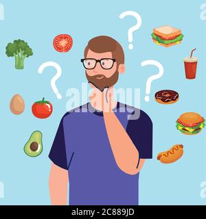 man choosing between healthy and unhealthy food, fast food vs balanced menu Stock Vector