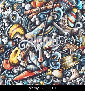 Winter sports hand drawn doodles seamless pattern. Ski resort background. Stock Vector