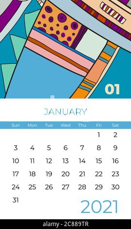 2021 january calendar abstract contemporary art vector. Desk, screen, desktop month 01, 2021, colorful 2021 calendar Stock Vector