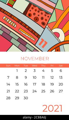 2021 November calendar abstract contemporary art vector. Desk, screen, desktop month 11, 2021, colorful 2021 calendar Stock Vector