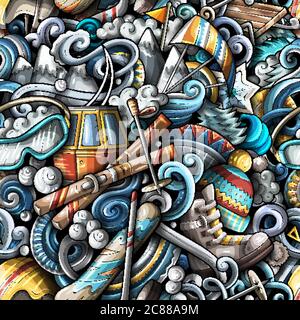 Winter sports hand drawn doodles seamless pattern. Ski resort background Stock Vector