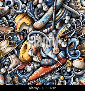 Winter sports hand drawn doodles seamless pattern. Ski resort background. Stock Vector