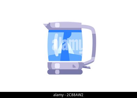 Glass electric kettle with highlights and with installation, flat vector illustration isolated on white background. Stock Photo