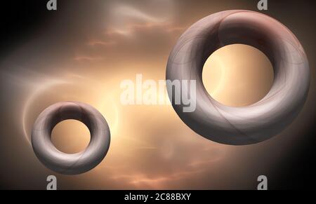 Fractals, abstract 3D rings flying against the background of lightning Stock Photo
