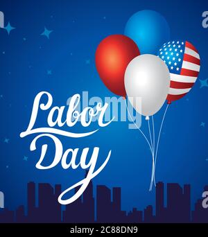 happy labor day holiday banner with united states national flag and balloons helium decoration Stock Vector