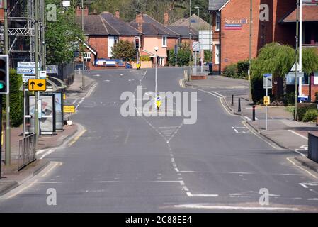 Camberley, Surrey/UK - 13 April 2020: An empty road in a usually busy town centre during the first Covid-19 lockdown of 2020 Stock Photo