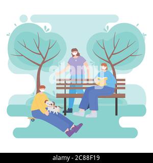 people with medical face mask, persons with pet, reading book, walking in the city activity during coronavirus vector illustration Stock Vector