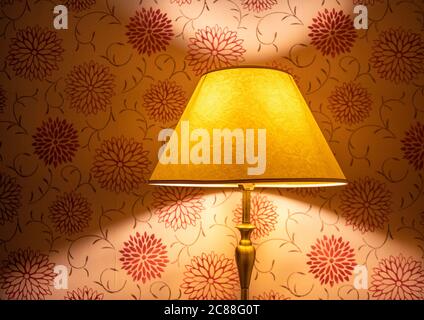 Lamp and shade colorfully lit with a patterned wallpaper background Stock Photo