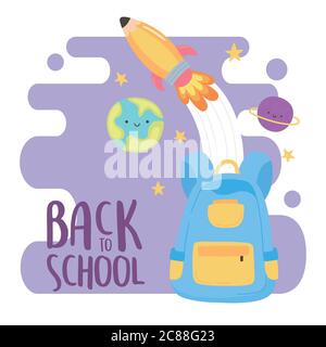 back to school, backpack rocket and planets education cartoon vector ...