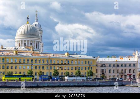 Saint Petersburg, view from the Malaya Neva river to the dome and bell tower of the Orthodox Church of Saint Catherine, beautiful cityscape Stock Photo