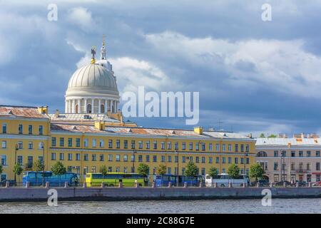 Saint Petersburg, view from the Malaya Neva river to the dome and bell tower of the Orthodox Church of Saint Catherine Stock Photo