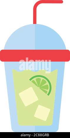 glass with drink of lemon and ice cubes flat style icon vector illustration design Stock Vector