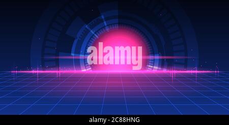 Abstract futuristic technology background with perspective grid, hi-tech style circle and red glowing effect. Stock Vector