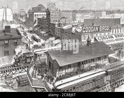 Aerial view of the heart of the retail trade of the east side and the Grand Street Station on the New York elevated railroad.  After an illustration by an unidentified artist in Frank Leslie's illustrated newspaper, 1878. Stock Photo