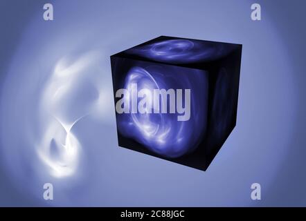 Fractals, a mystical black 3D cube on a blue background Stock Photo